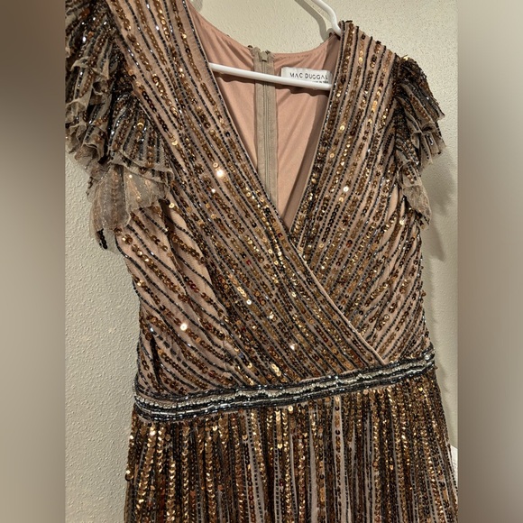 Mac Duggal 5502 Copper Sequined Wrap Over Flutter Cap Sleeve Gown Sz 12 $698 - Picture 6 of 12